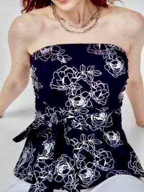 White House Black Market black and white  Strapless Floral Top